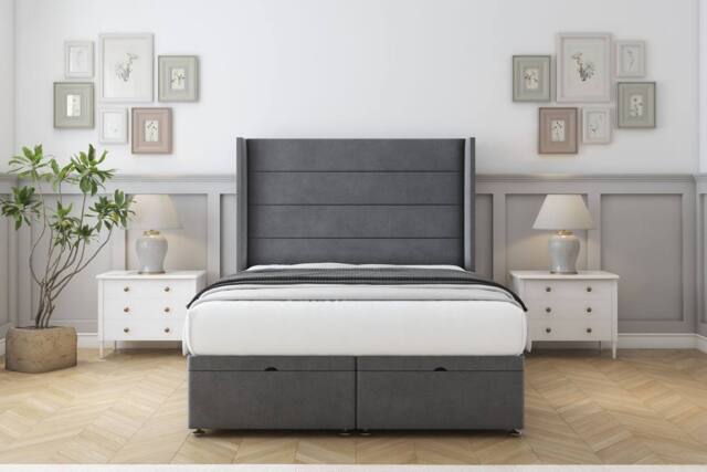 "Comfort Beds Milano Coniston Ottoman Bed Set With 54"" Wingback Headboard in Dark Grey - Size: Super King" - image 1