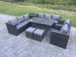 Fimous Outdoor Garden Furniture Rattan Lounge Sofa Set Dining Table with 2 Armchair Side Table 2 Stool 10 Seater in Dark Grey - thumbnail 1
