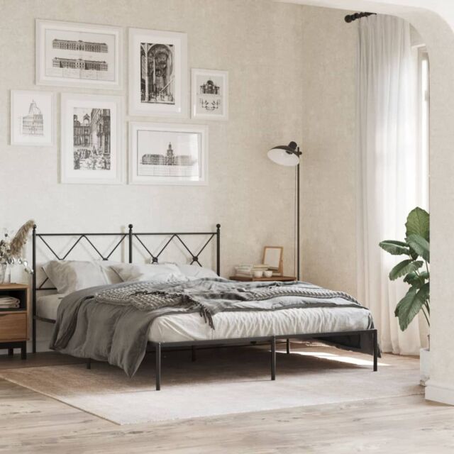 Berkfield Home Metal Bed Frame without Mattress with Headboard Black 160x200cm - Size: 160x200 cm - image 1