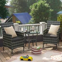 Wyld Haus Sami Mixed Grey 3 Piece Rattan Bistro Set 2 Chairs 2 Tier Table - thumbnail 3