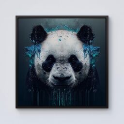 Warren Reed - Designer Panda Face Splashart Dark Background Framed Canvas in Black - Size: w10 inch x h10 inch - thumbnail 1