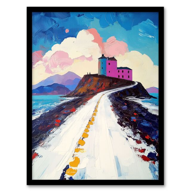 "Artery8 Lindisfarne Island in Winter Colourful Coastal Framed Art Print in Blue - Size: W12"" x H16""" - image 1