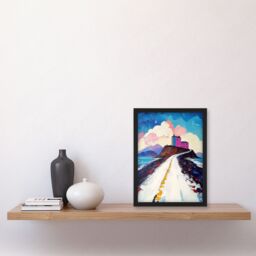 "Artery8 Lindisfarne Island in Winter Colourful Coastal Framed Art Print in Blue - Size: W12"" x H16""" - thumbnail 4
