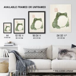 "Artery8 Vintage Japanese Cute Grumpy Frog Matsumoto Hoji Framed Wall Art Print in Green - Size: W12"" x H16""" - thumbnail 4