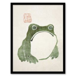 "Artery8 Vintage Japanese Cute Grumpy Frog Matsumoto Hoji Framed Wall Art Print in Green - Size: W12"" x H16""" - thumbnail 1