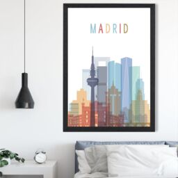 ARTZE Madrid Colourful City Skyline Framed Print SIZE: A4 with Black Frame in Pale Blue - thumbnail 2