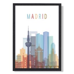 ARTZE Madrid Colourful City Skyline Framed Print SIZE: A4 with Black Frame in Pale Blue - thumbnail 1