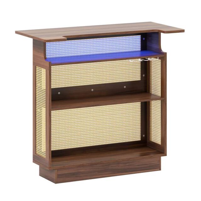 Costway Industrial Home Bar Table w/LED Light &App Control Rattan Dining Table in Brown - image 1