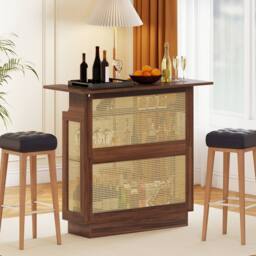 Costway Industrial Home Bar Table w/LED Light &App Control Rattan Dining Table in Brown - thumbnail 4