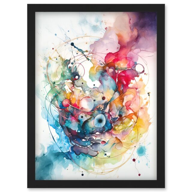 Artery8 Abstract Multicolour Splatter Paint Watercolour Framed Wall Art A4 in Black - image 1