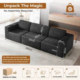 Dprodo Corduroy Modular Sofa, 303CM Long Couch, 25V9 in Black - thumbnail 2
