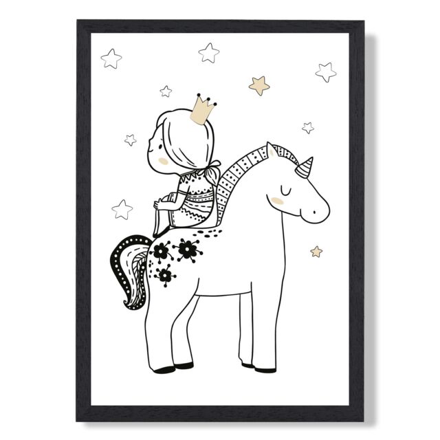ARTZE Scandi Princess Little Sitting on Unicorn Framed Print SIZE: A2 with Black Frame - Size: A4 - image 1