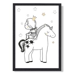 ARTZE Scandi Princess Little Sitting on Unicorn Framed Print SIZE: A2 with Black Frame - Size: A4 - thumbnail 1