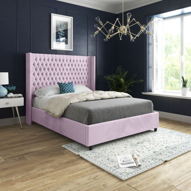 KDMD Volta Straight Winged Upholstered Soft Velvet Pink Bed Frame - Size: Super King - image 1