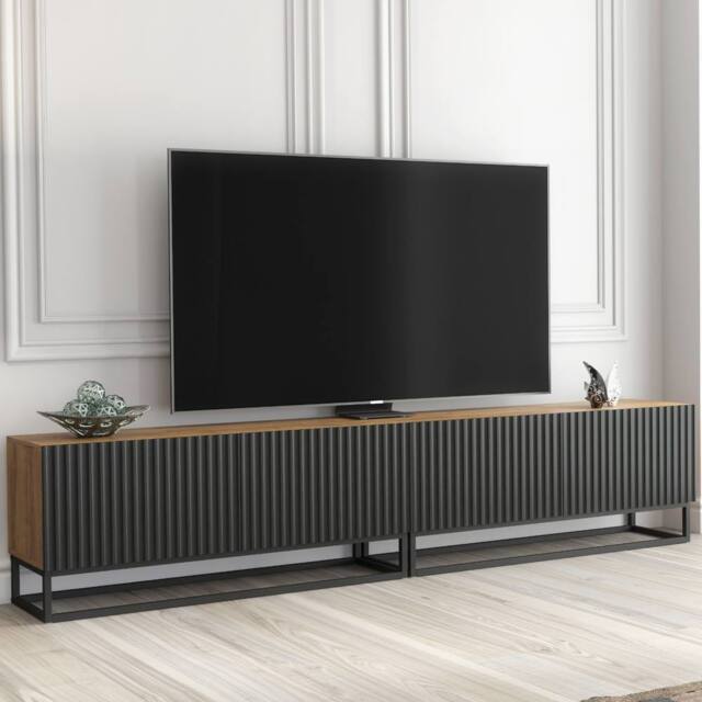 Mex Furniture LTD TV Unit Ripple Duo 200cm - Oak & Black Fluted Doors - image 1