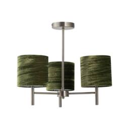 First Choice Lighting Brea - Antique Brass 3 Light Fitting with Green Crushed Velvet Shades in Gold
