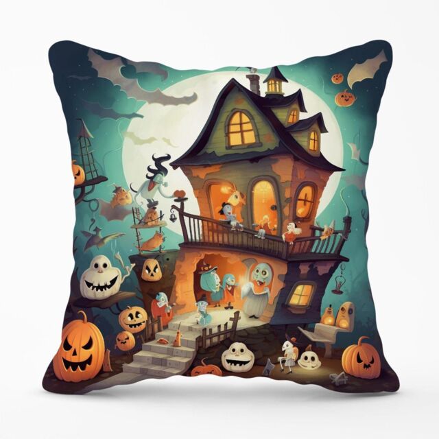 Warren Reed - Designer Illustrations A Whimsical Haunted House Outdoor Cushion in Orange - Size: 60 cm x 60 cm - image 1