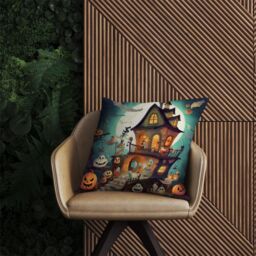 Warren Reed - Designer Illustrations A Whimsical Haunted House Outdoor Cushion in Orange - Size: 60 cm x 60 cm - thumbnail 2