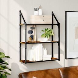 Berkfield Home 3-Tier Wall Shelf Smoked Oak 60x21x78.5 cm Engineered Wood in Brown - thumbnail 1