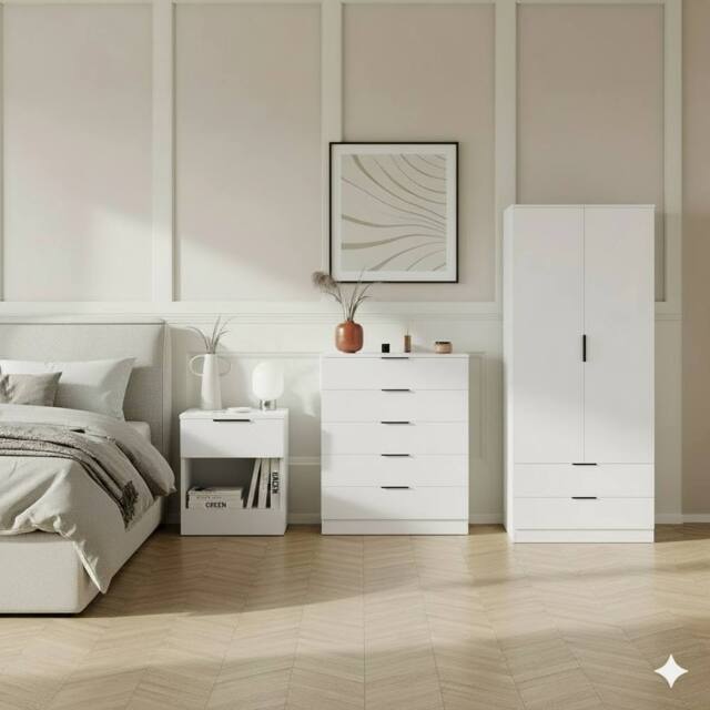 Home Discount Vida Designs Trega 3Pc Bedroom Set(1Dr Bedside, 5Dr Chest, Wardrobe) in White - image 1