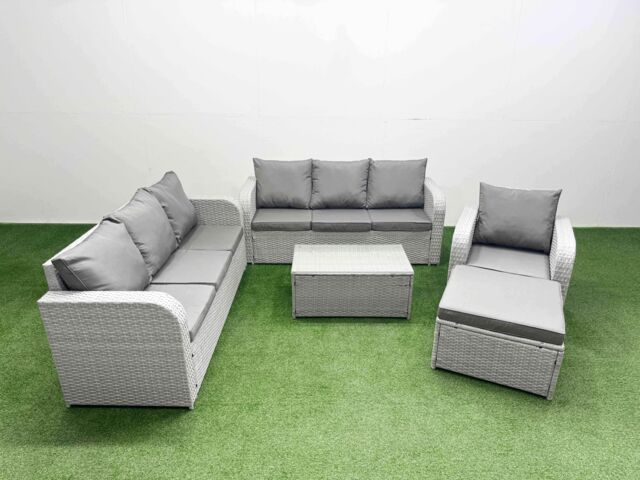 Fimous 8 Seater Poly Rattan Outdoor Garden Furniture Sofa Set Patio 3 Seater Sofa Reclining Chair 3 Seater Sofa Big Footstool Light Grey - image 1