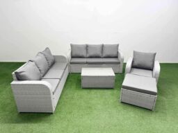Fimous 8 Seater Poly Rattan Outdoor Garden Furniture Sofa Set Patio 3 Seater Sofa Reclining Chair 3 Seater Sofa Big Footstool Light Grey - thumbnail 1