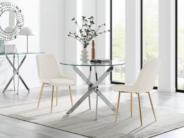 FurnitureboxUK Novara 100cm Round Dining Table & 2 Pesaro Gold Leg Chairs in Cream - image 1