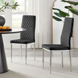 FurnitureboxUK Set of 4 Milan High Back Soft Touch Diamond Pattern Velvet Dining Chairs With Silver Chrome Metal Legs in Black