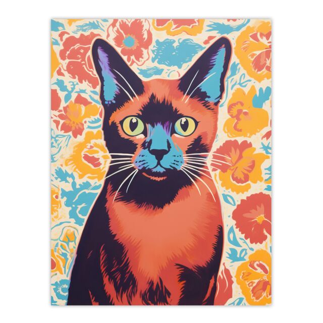 Artery8 Wall Art Print The Cat & The Carnations Bold Vibrant Screen Burmese Cat & Flower Floral Risograph Artwork Retro Riso Interior Design Poster - image 1
