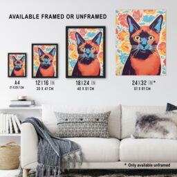Artery8 Wall Art Print The Cat & The Carnations Bold Vibrant Screen Burmese Cat & Flower Floral Risograph Artwork Retro Riso Interior Design Poster - thumbnail 3