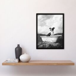 "Artery8 Dog Lover Puppy in Bathtub Black White Surreal Framed Art Print in Grey - Size: W12"" x H16""" - thumbnail 4