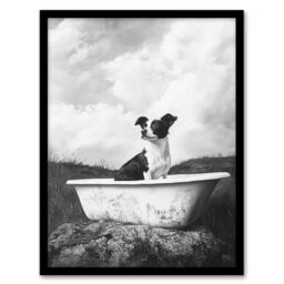 "Artery8 Dog Lover Puppy in Bathtub Black White Surreal Framed Art Print in Grey - Size: W12"" x H16""" - thumbnail 1