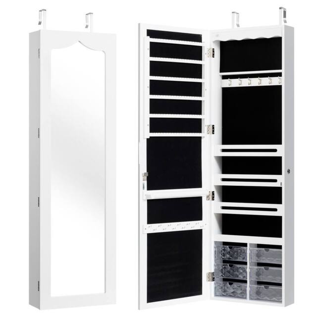 Gymax Jewellery Cabinet Wall/Door Mounted With Full Length Mirror & Lights in White - image 1