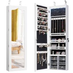 Gymax Jewellery Cabinet Wall/Door Mounted With Full Length Mirror & Lights in White - thumbnail 9