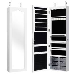 Gymax Jewellery Cabinet Wall/Door Mounted With Full Length Mirror & Lights in White - thumbnail 1