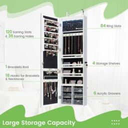 Gymax Jewellery Cabinet Wall/Door Mounted With Full Length Mirror & Lights in White - thumbnail 4