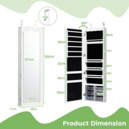 Gymax Jewellery Cabinet Wall/Door Mounted With Full Length Mirror & Lights in White - thumbnail 2