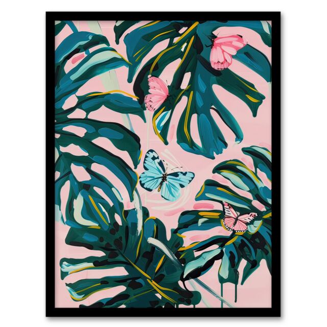 Artery8 Pastel Butterflies Monstera Plant Painting Pink Framed Art Print - Size: A4 - image 1