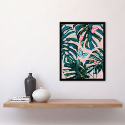 Artery8 Pastel Butterflies Monstera Plant Painting Pink Framed Art Print - Size: A4 - thumbnail 4
