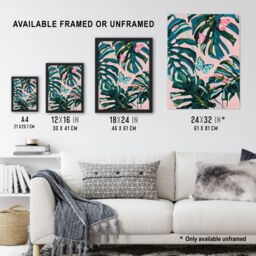 Artery8 Pastel Butterflies Monstera Plant Painting Pink Framed Art Print - Size: A4 - thumbnail 3