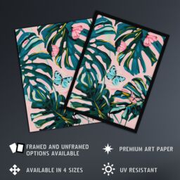 Artery8 Pastel Butterflies Monstera Plant Painting Pink Framed Art Print - Size: A4 - thumbnail 2