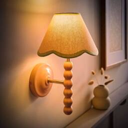 ValueLights Bobbins Pair of Pink Wall Lights with Linen Trim Lamp Shades & Bulbs in Pale Green - thumbnail 2