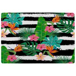 Benjamin Tate Design Tropical Plants On Black & White Stripes Rug in Natural - Size: Large - thumbnail 1