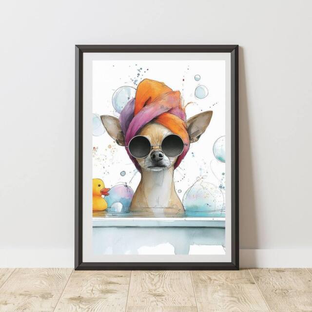60 SECOND MAKEOVER Water Colour Chihuahua Bath Print Wall Art Poster - Size: A4 - image 1
