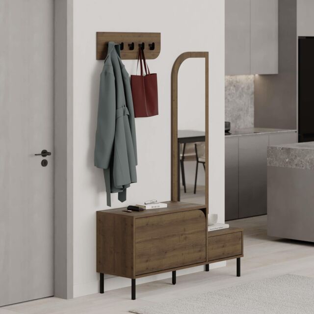 Decortie 'Mila' Coat Stand Set Full-Length Mirror Shoe Cabinet 5 Hooks in Dark Brown - Size: 3 Pack - image 1