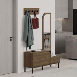 Decortie 'Mila' Coat Stand Set Full-Length Mirror Shoe Cabinet 5 Hooks in Dark Brown - Size: 3 Pack - thumbnail 1