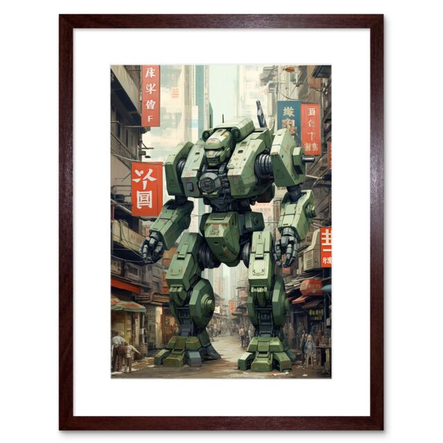 Artery8 Wall Art Print Mecha Robot in City Street Anime Sci-Fi Artwork Red Green Giant Humanoid Machine Fantasy Science Fiction Artwork Framed 9X7 - image 1
