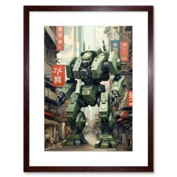 Artery8 Wall Art Print Mecha Robot in City Street Anime Sci-Fi Artwork Red Green Giant Humanoid Machine Fantasy Science Fiction Artwork Framed 9X7 - thumbnail 1
