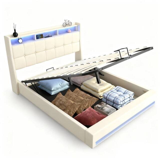 SPETLEK STORAGE PANEL WHITE FABRIC UPHOLSTERED BED in Beige - Size: Double - image 1