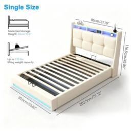 SPETLEK STORAGE PANEL WHITE FABRIC UPHOLSTERED BED in Beige - Size: Double - thumbnail 2
